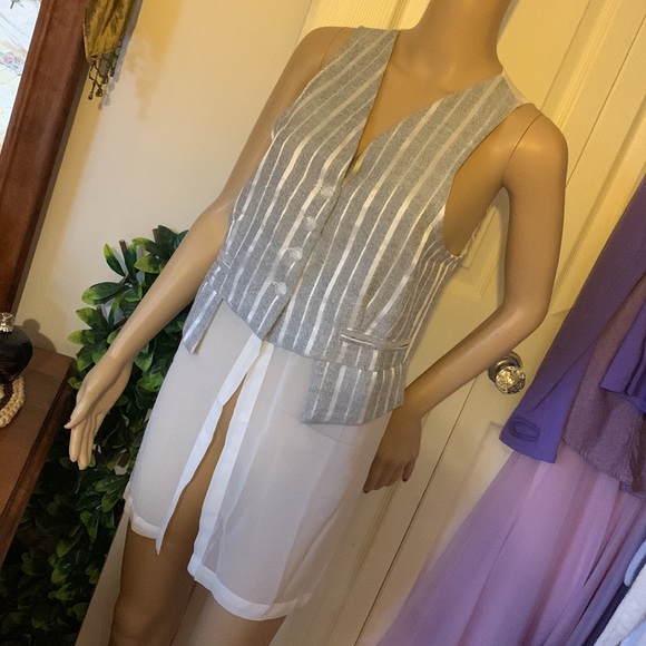 Vtg 90s y2k sleeveless grey white stripe sheer chiffon vest tunic top M - Picture 14 of 16